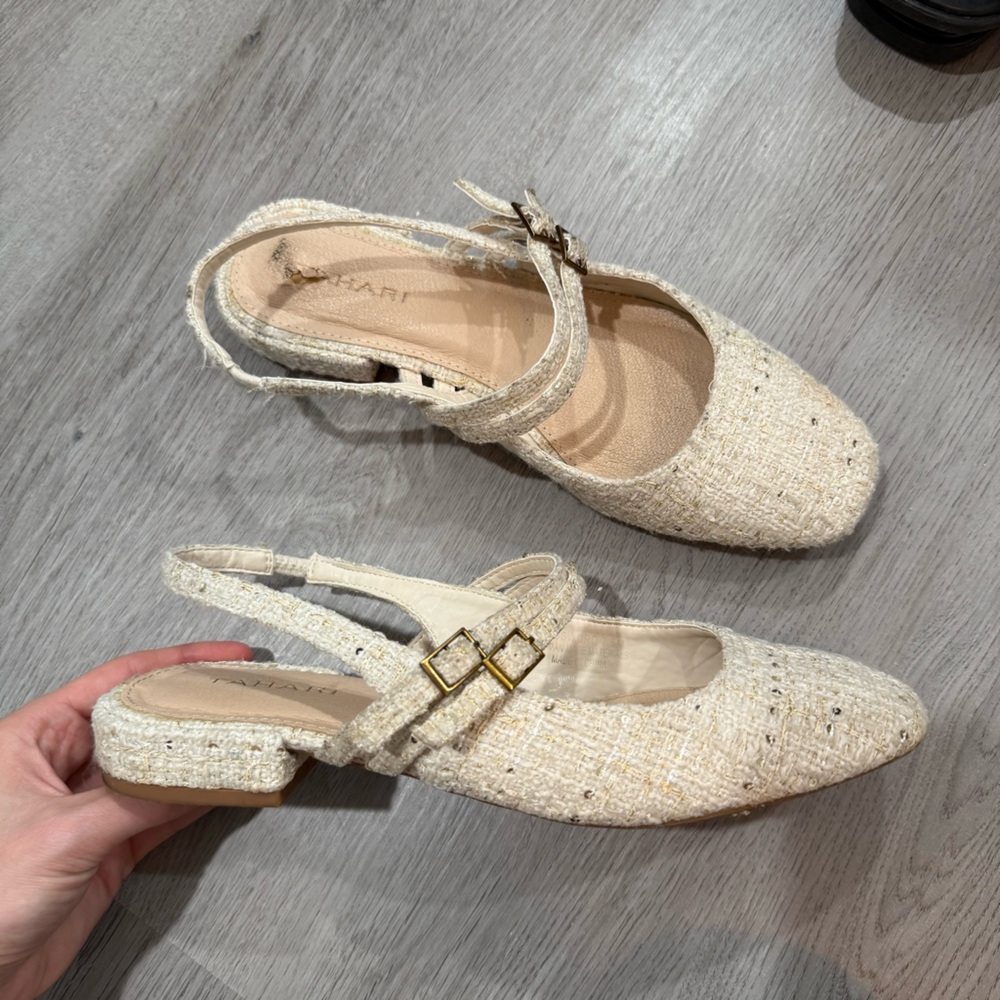Tahari Cream Textured Slingback Flats